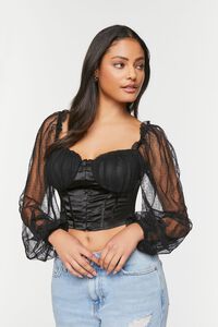 BLACK Dotted Mesh Satin Bustier Top, image 2