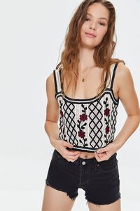 BLACK/CREAM Embroidered Floral Crochet Crop Top, image 1