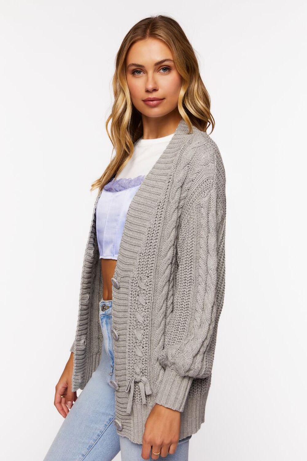 HEATHER GREY Cable Knit Cardigan Sweater, image 2
