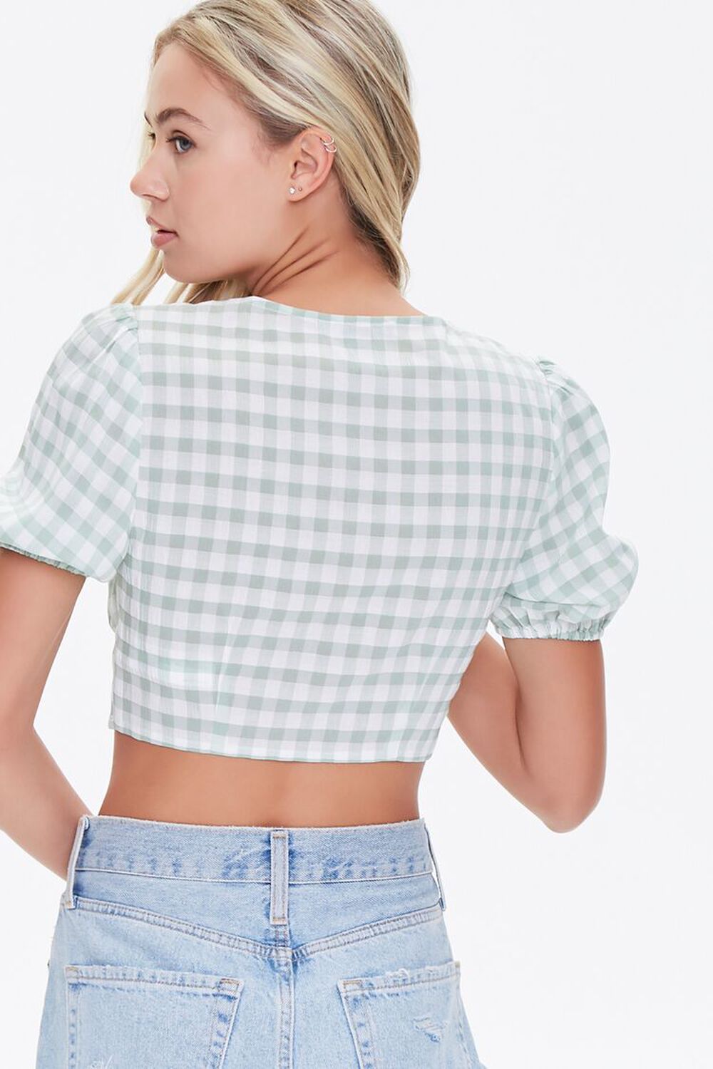 LIGHT GREEN/WHITE Gingham Tie-Front Crop Top, image 3