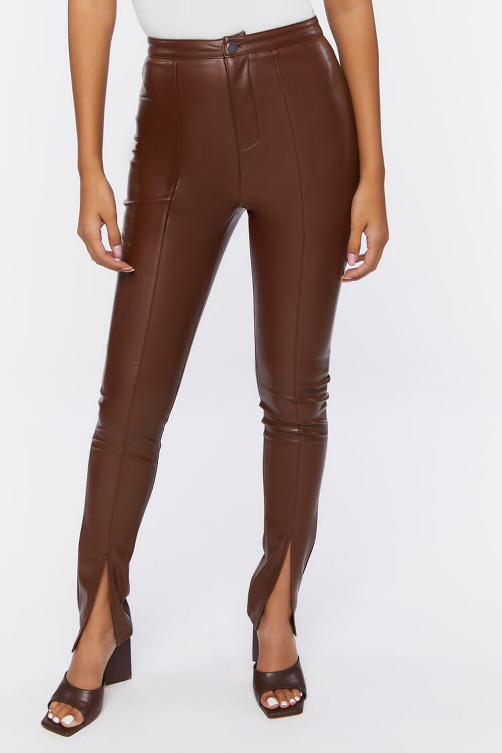 BROWN Faux Leather Split-Hem Pants, image 2