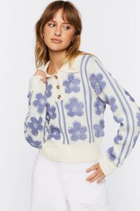 CREAM/BLUE Floral Print Sweater-Knit Top, image 1