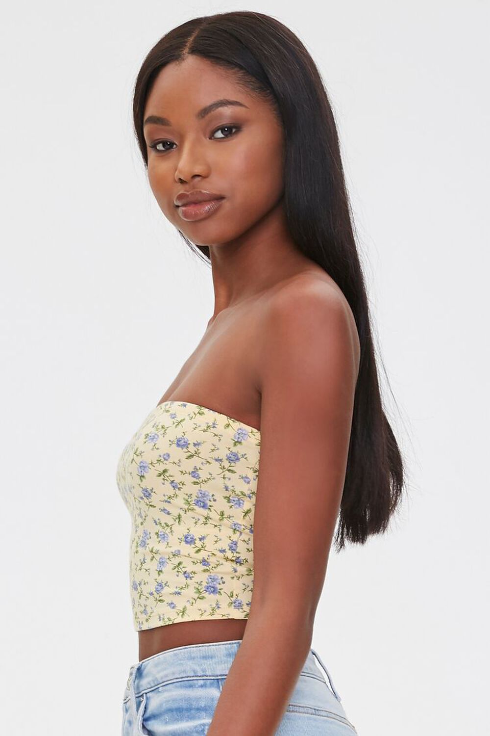 YELLOW/PERIWINKLE Floral Print Tube Top, image 2