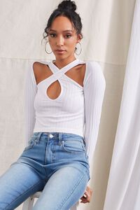 WHITE Ribbed Cutout Halter Crop Top, image 1