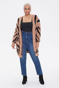 CAMEL/BLACK Plus Size Tiger Striped Cardigan Sweater, image 4