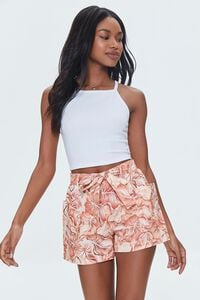 PEACH /MULTI Tropical Leaf Print Belted Shorts, image 1