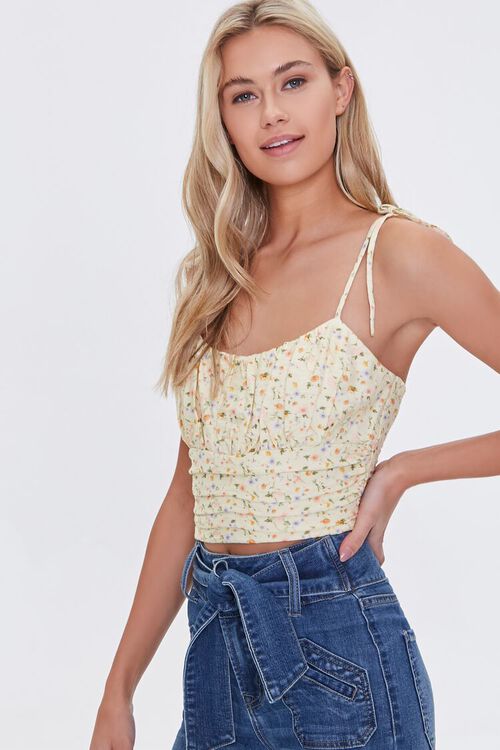 LIGHT YELLOW/MULTI Floral Tie-Strap Cropped Cami, image 1