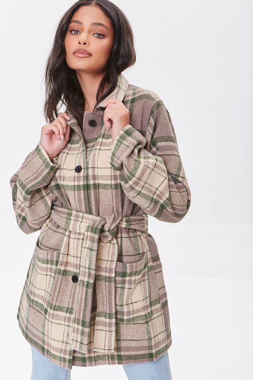 CREAM/OLIVE Belted Plaid Buttoned Coat, image 5