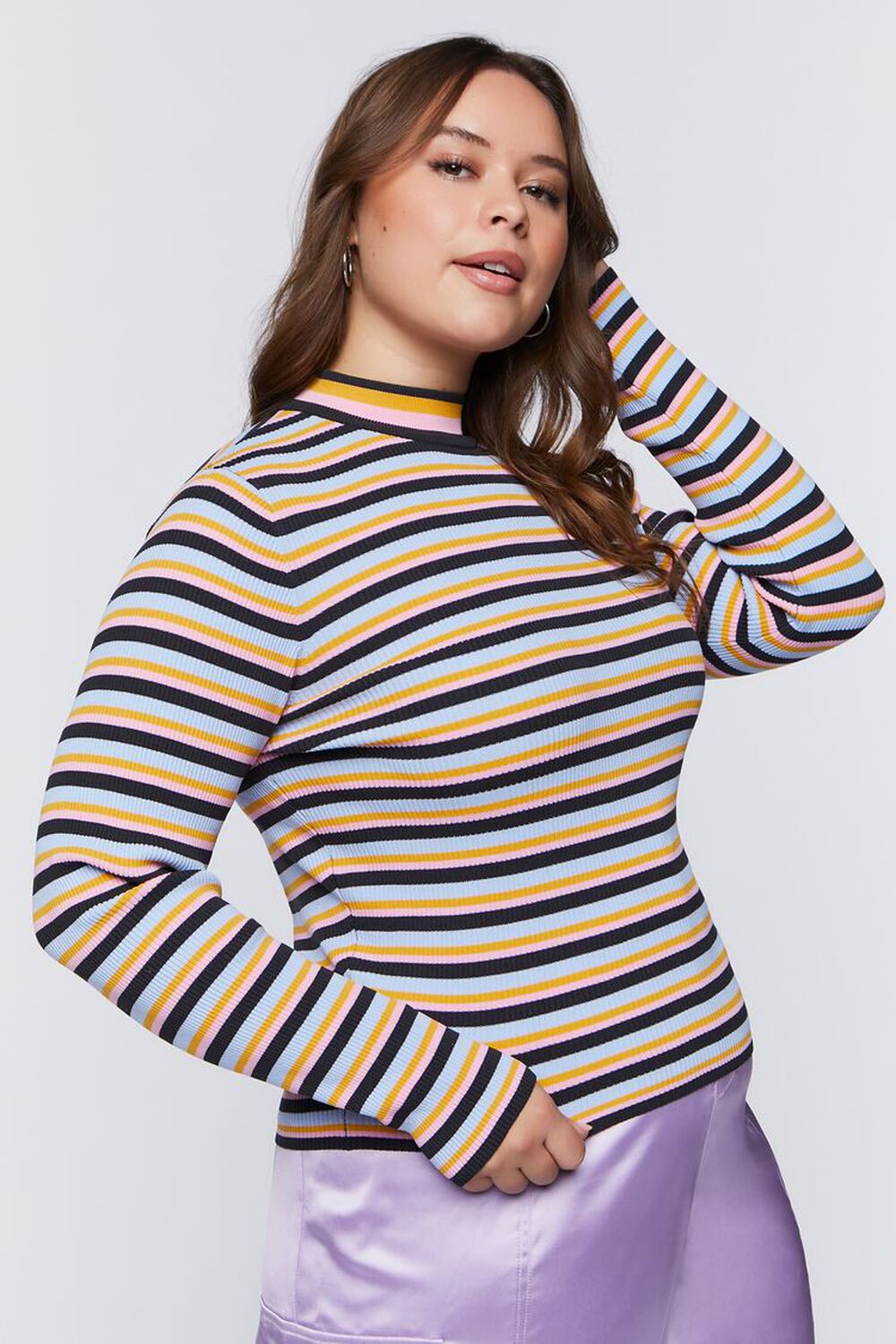 BLACK/MULTI Plus Size Striped Ribbed Turtleneck Sweater, image 2