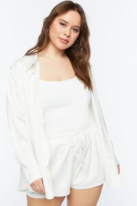 WHITE Plus Size Satin Shirt & Shorts Set, image 1