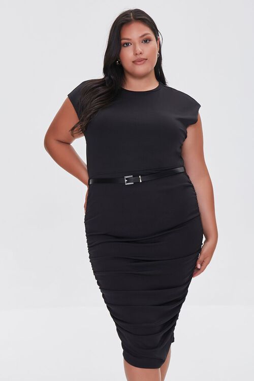 BLACK Plus Size Belted Ruched Dress, image 1