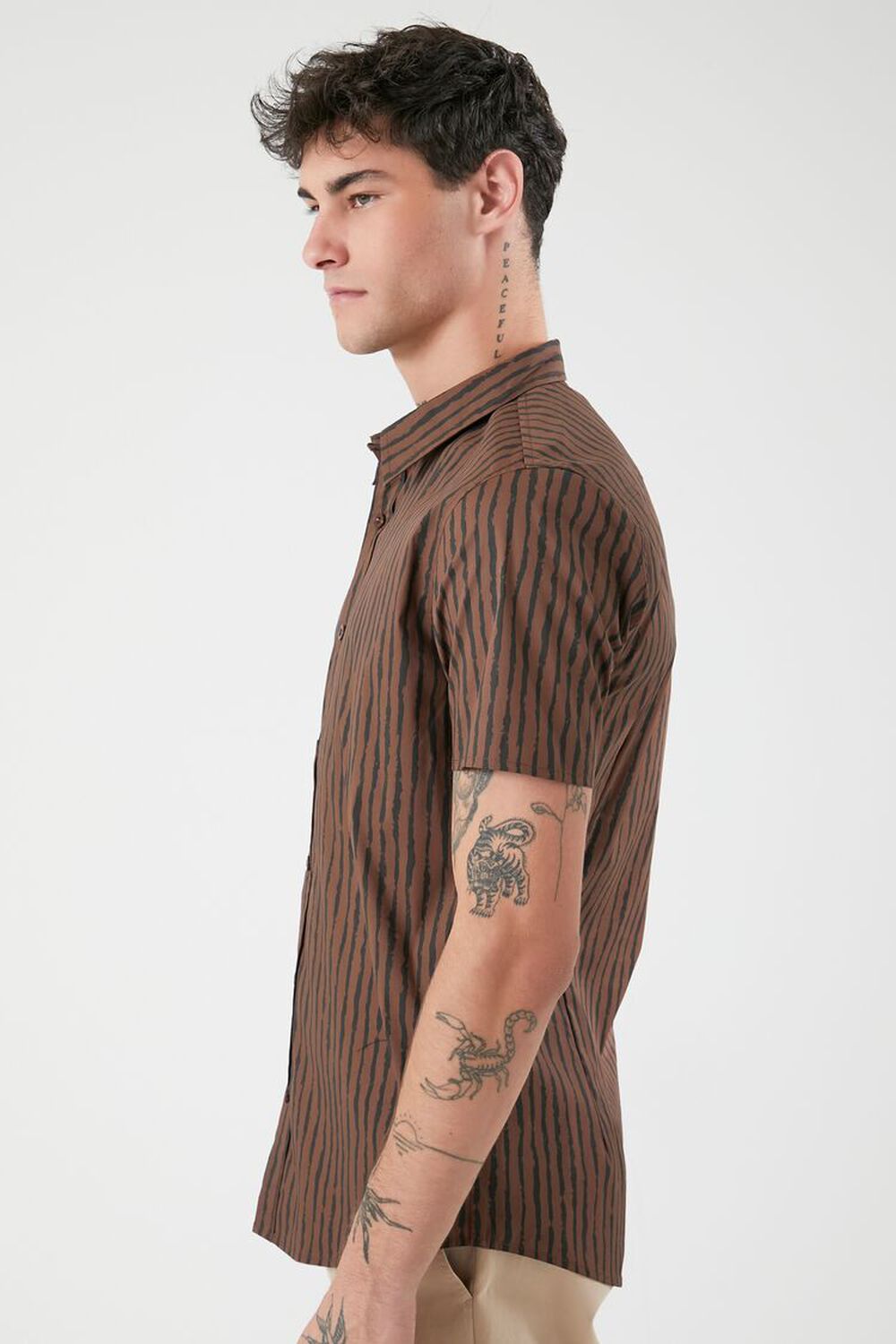LATTE/BLACK Striped Curved-Hem Shirt, image 2