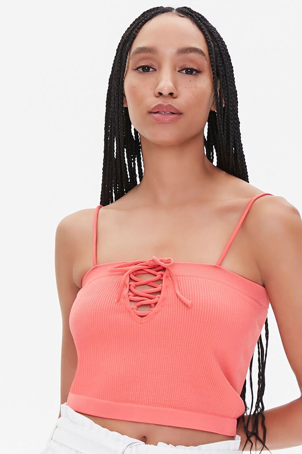 CORAL Ribbed Lace-Up Cropped Cami, image 1