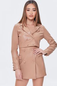 TAUPE Faux Leather Cropped Blazer & Skirt Set, image 1