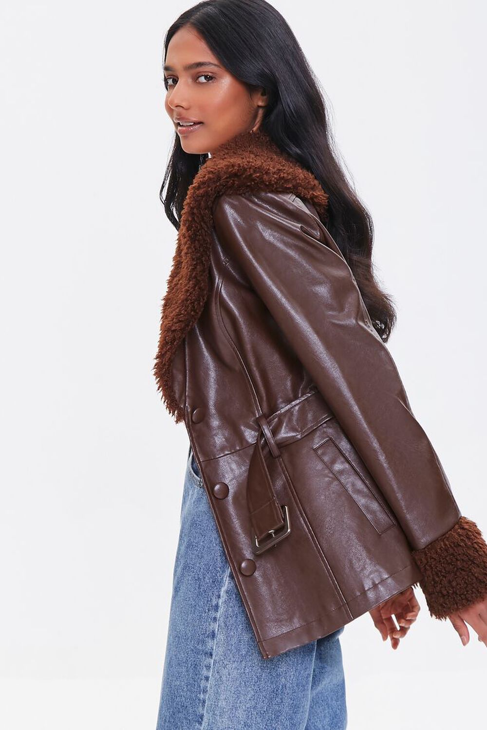 BROWN Faux Leather Belted Faux Shearling Jacket, image 2