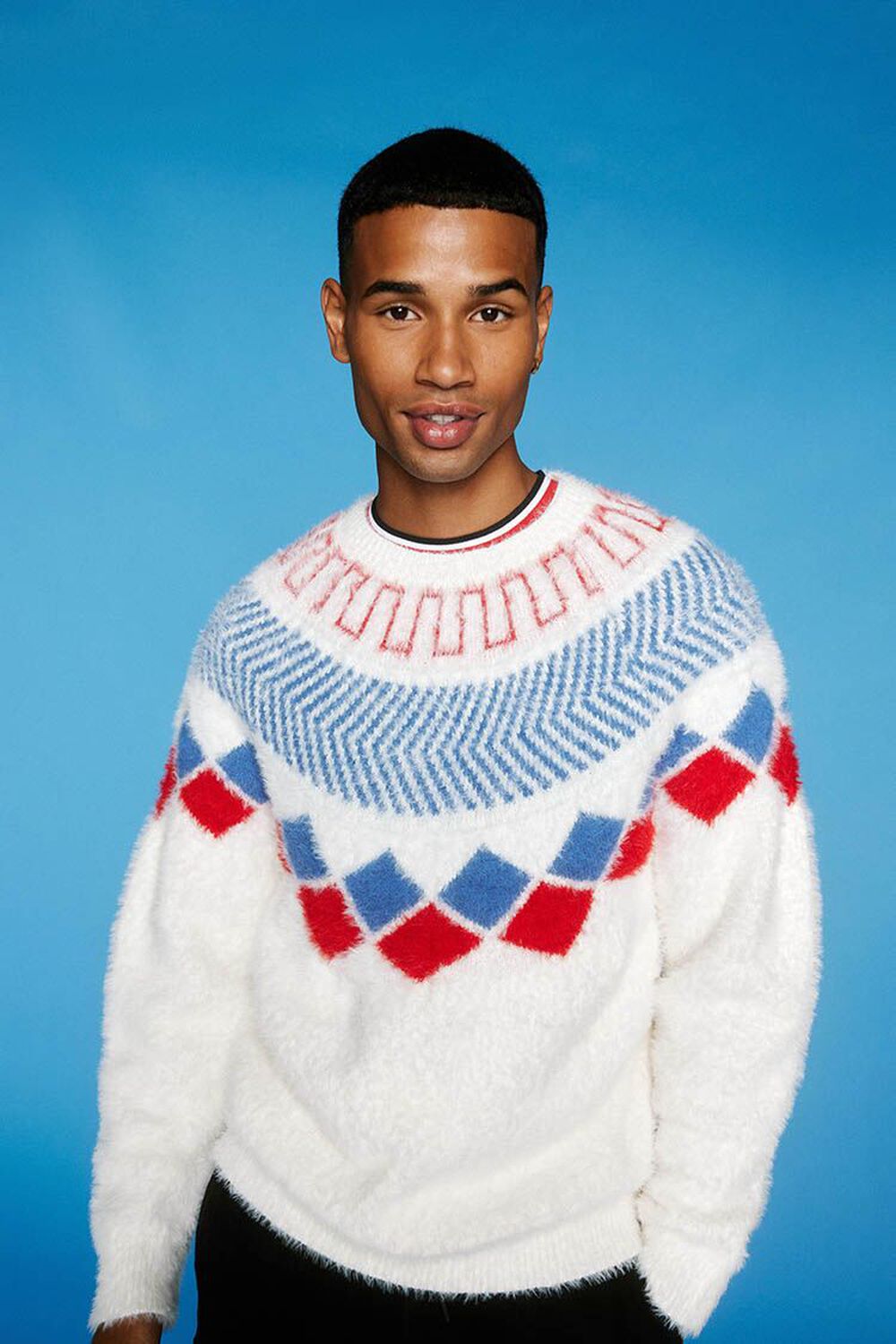 CREAM/MULTI Fuzzy Knit Geo Pattern Sweater, image 1