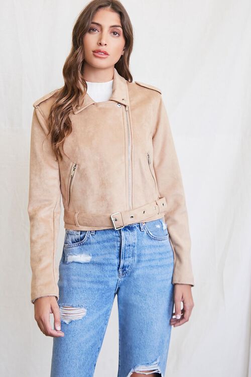 TAUPE Faux Suede Moto Jacket, image 5