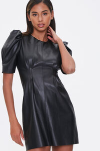 BLACK Faux Leather Puff-Sleeve Dress, image 1