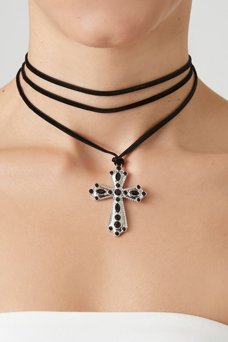 Layered Cross Pendant Choker Necklace