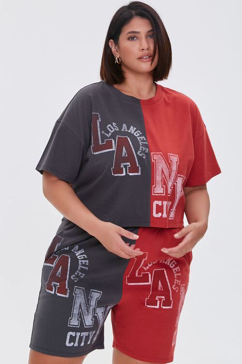 RED/MULTI Plus Size Reworked Graphic Shorts, image 1