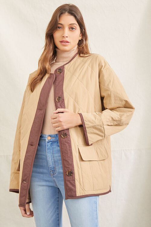 KHAKI/BROWN Quilted Contrast-Trim Jacket, image 2
