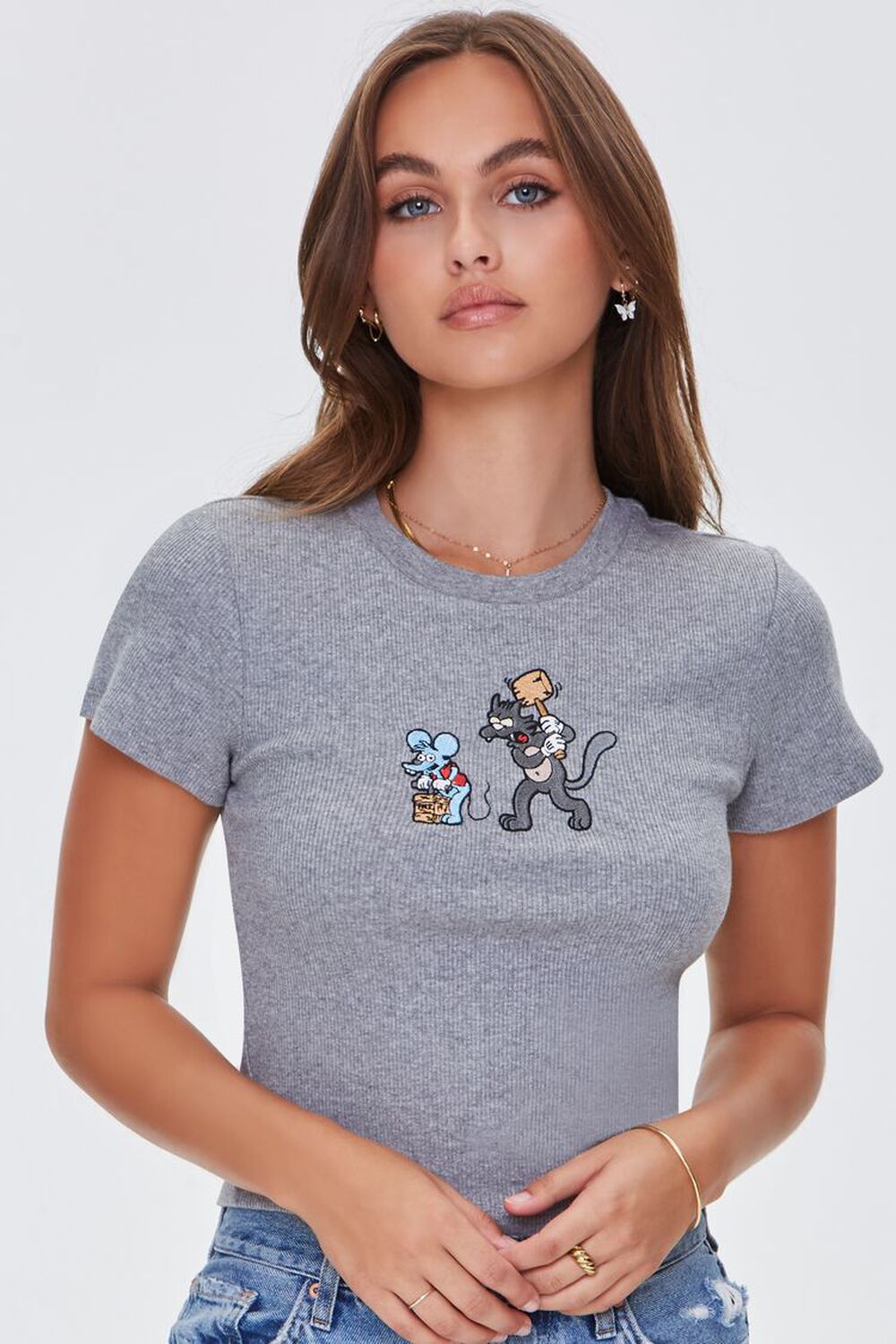 HEATHER GREY/MULTI Itchy & Scratchy Embroidered Tee, image 1