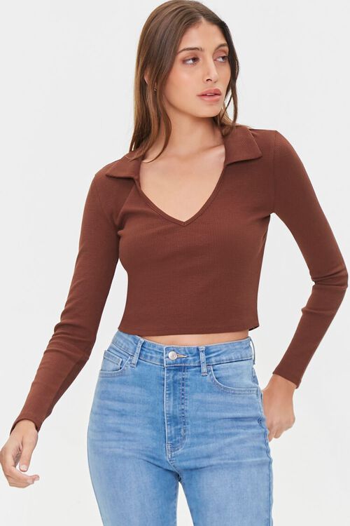 BROWN Collared V-Neck Top, image 1