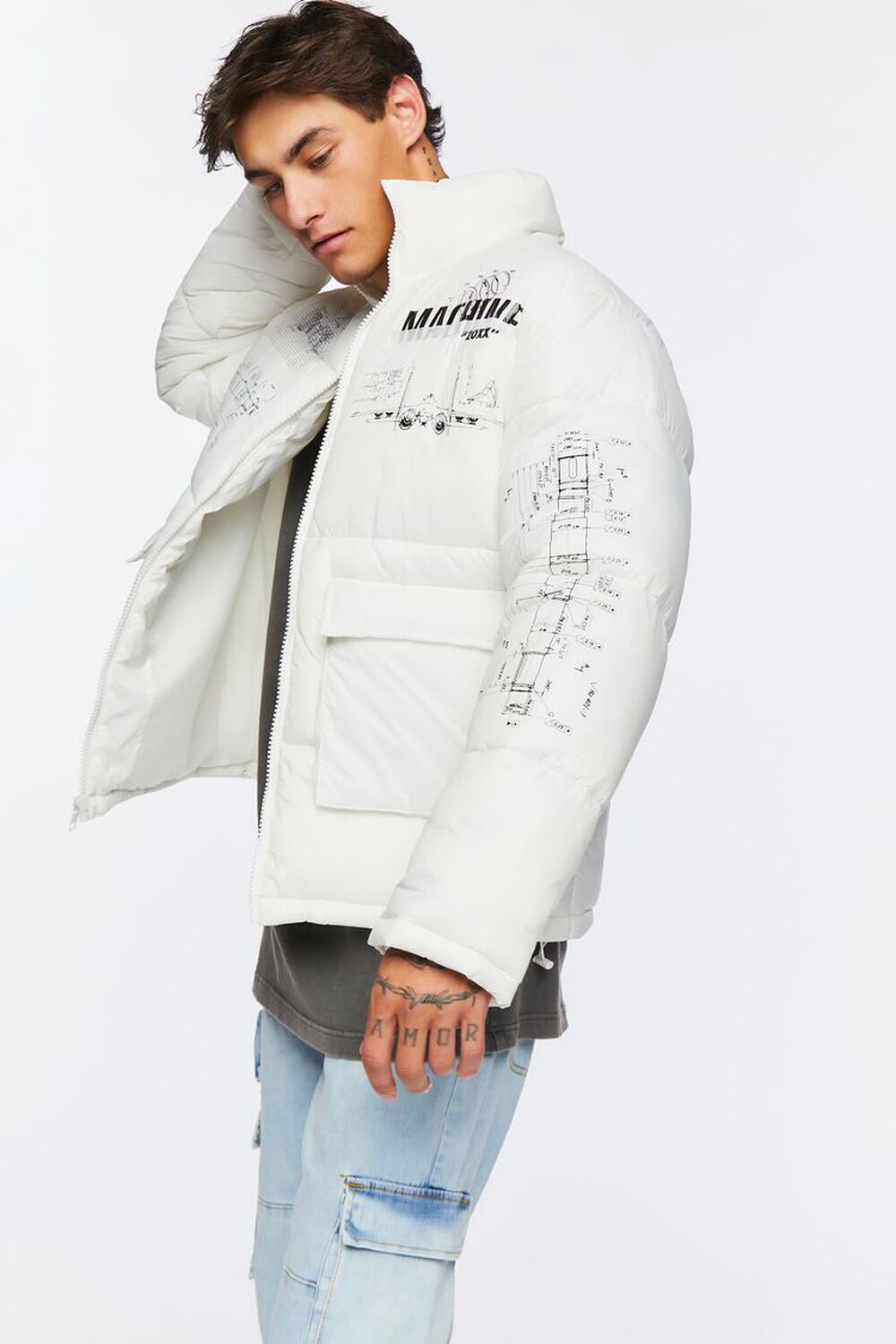 WHITE/BLACK Blueprint Graphic Puffer Jacket, image 3