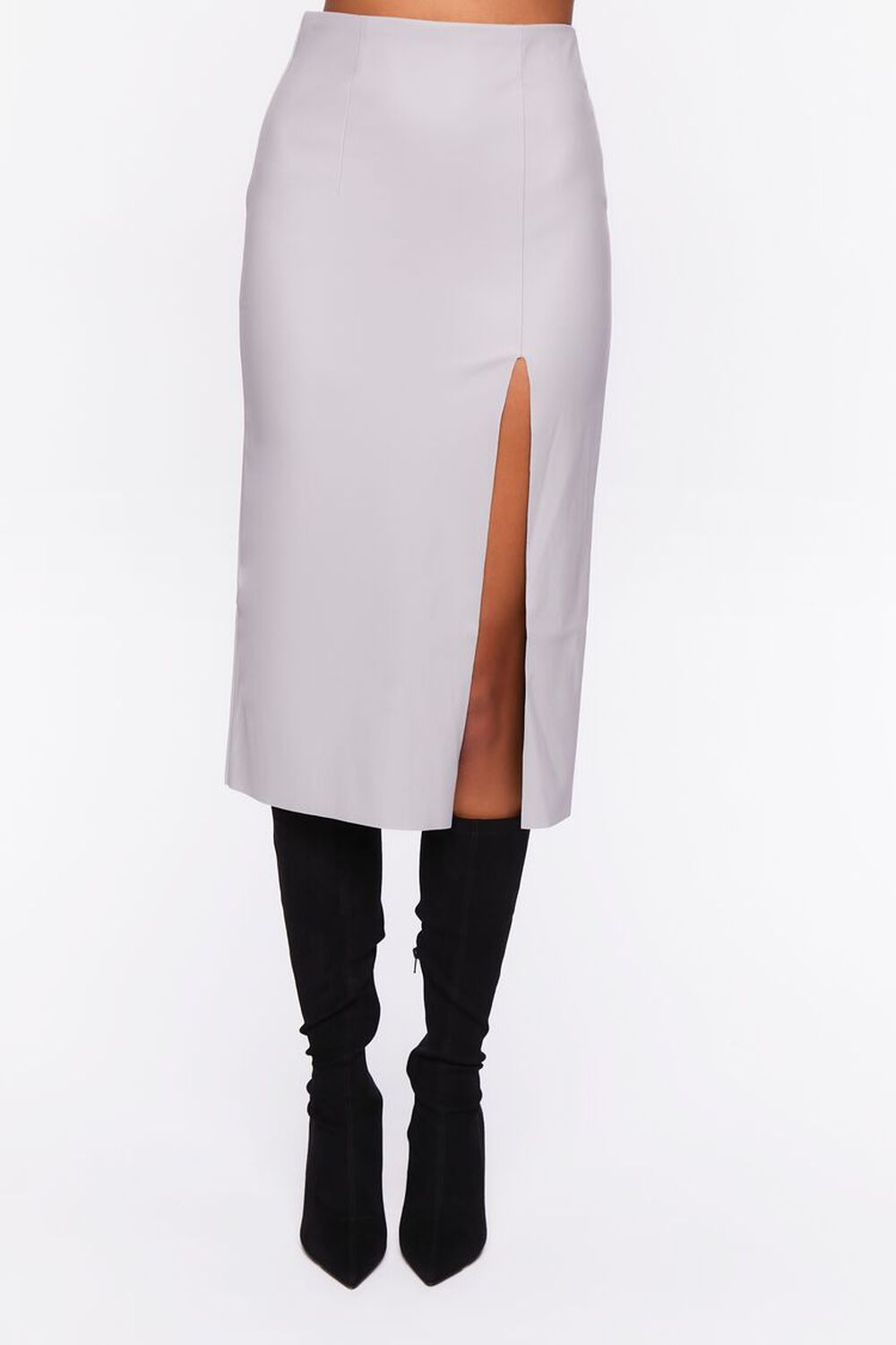 SILVER Faux Leather Thigh-Slit Midi Skirt, image 2