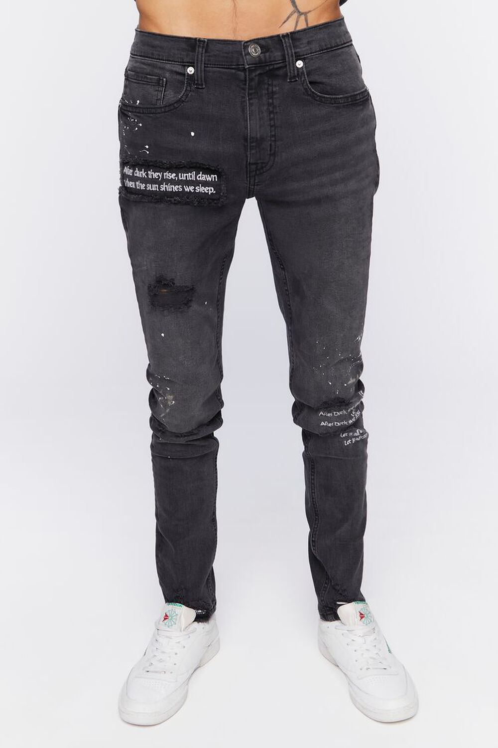 BLACK Graphic Paint Splatter Skinny Jeans, image 2