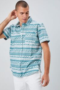 WHITE/GREEN Wave Print Button-Front Shirt, image 7