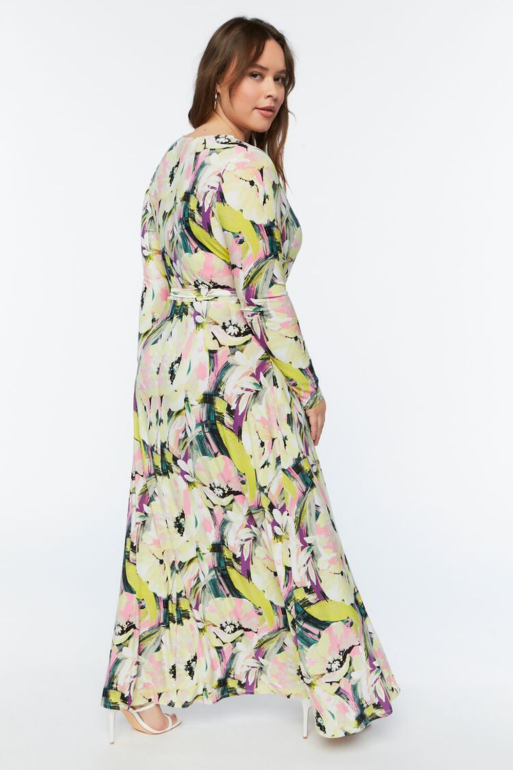 NEUTRAL GREY/MULTI Plus Size Floral Watercolor Surplice Maxi Dress, image 3