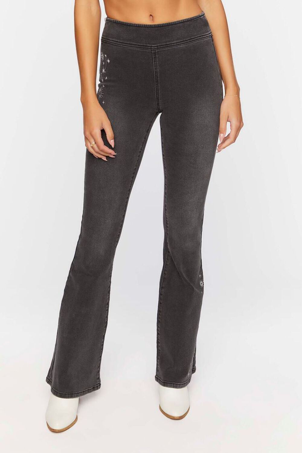 WASHED BLACK Embroidered High-Rise Flare Jeans, image 1