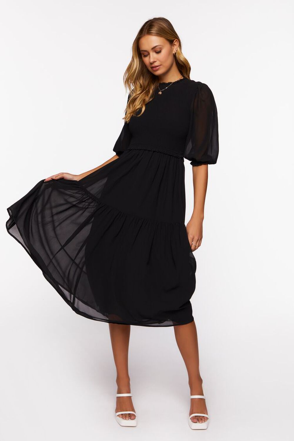 BLACK Smocked Chiffon Peasant-Sleeve Dress, image 1
