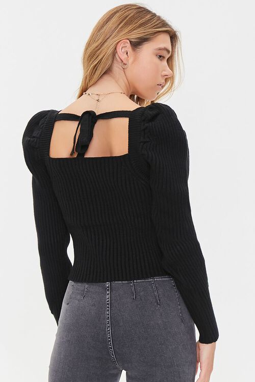 BLACK Ribbed Self-Tie Fitted Sweater, image 3