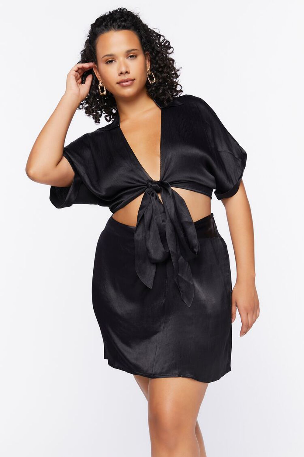 BLACK Plus Size Satin Knotted Mini Skirt, image 1