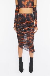 BLACK/ORANGE Flame Print Mesh Midi Skirt, image 2