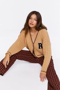 TAN/BROWN Cropped Varsity Cardigan Sweater, image 4