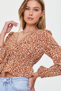 RUST/WHITE Ditsy Floral Print Flounce Top, image 1