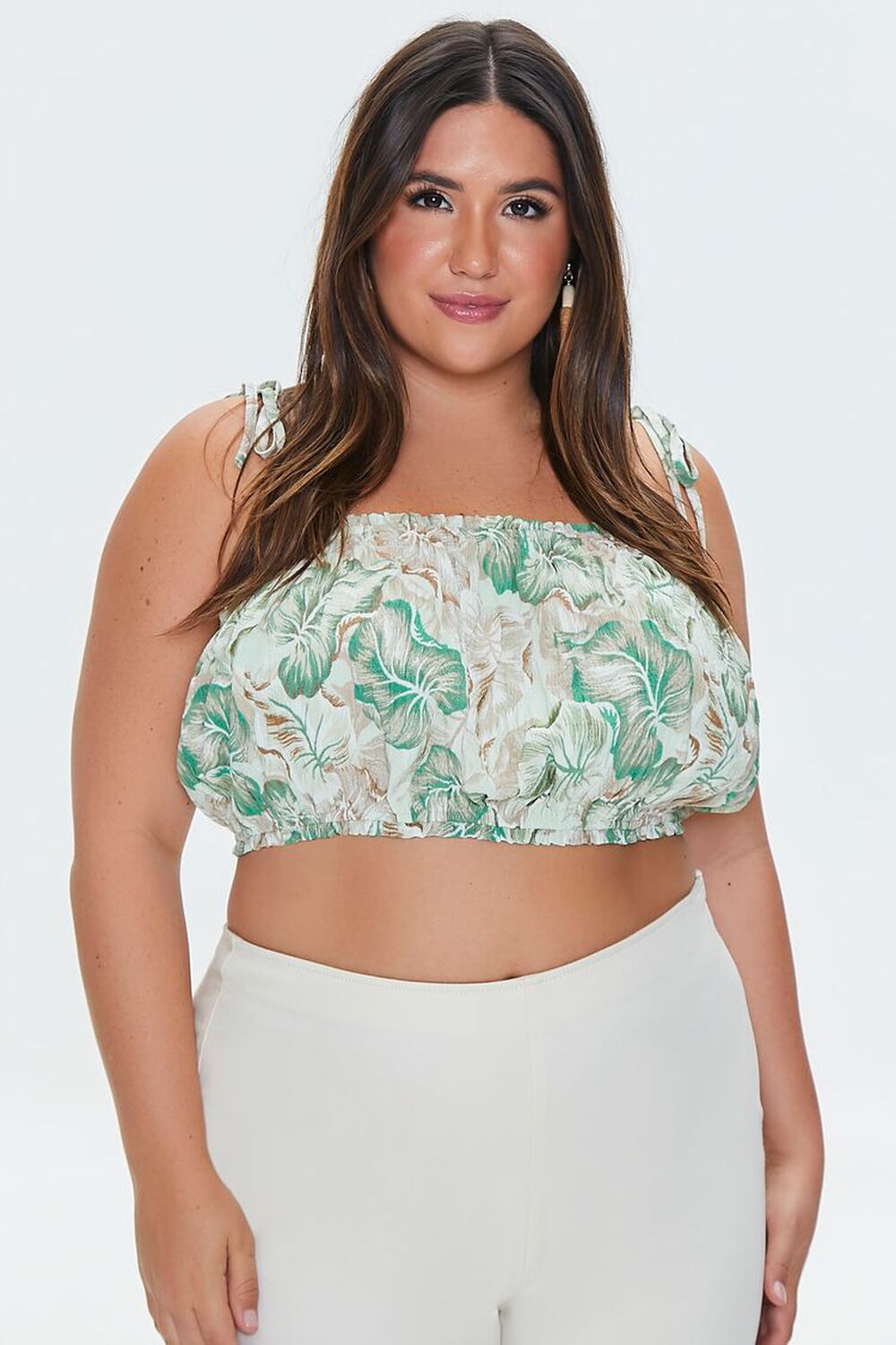 GREEN/MULTI Plus Size Tropical Leaf Cropped Cami, image 1