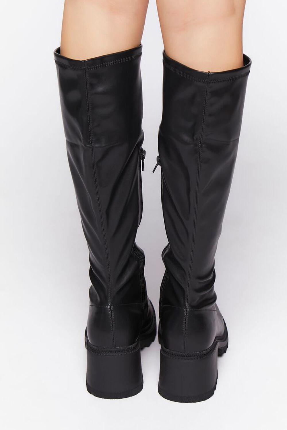 BLACK Faux Leather Knee-High Lug Boots, image 3