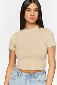 TAUPE Ribbed Mock Neck Top, image 1