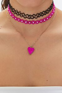PINK/BLACK Choker & Heart Pendant Necklace Set, image 1