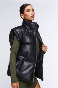 BLACK Faux Leather Zip-Up Puffer Vest, image 2