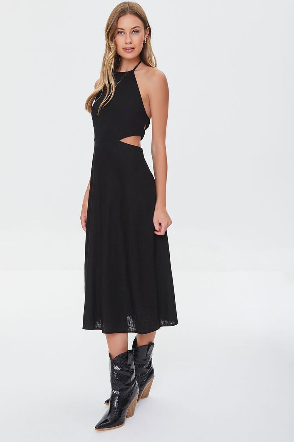 BLACK Cutout Self-Tie Halter Dress, image 2