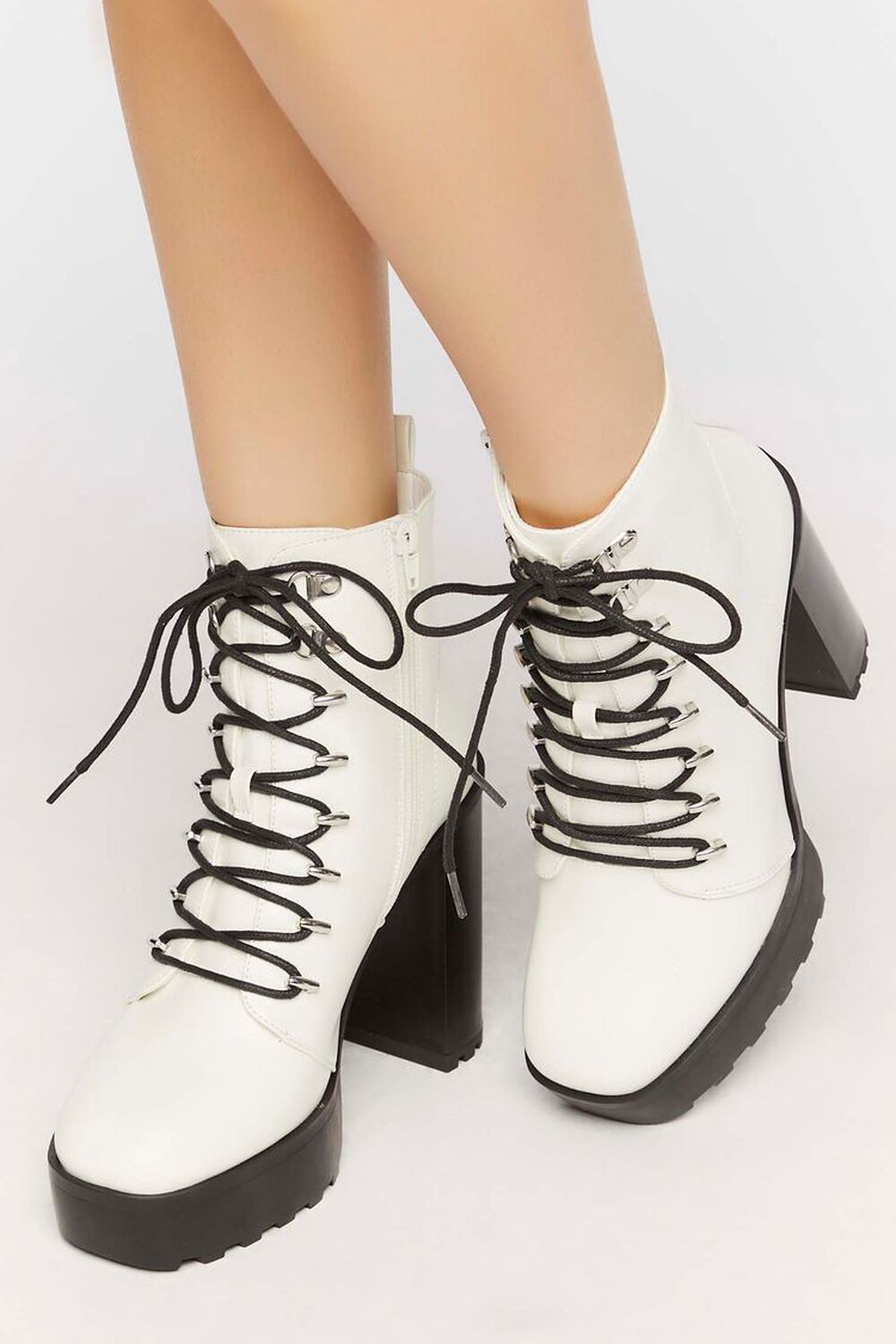 WHITE Faux Leather Lace-Up Booties, image 1