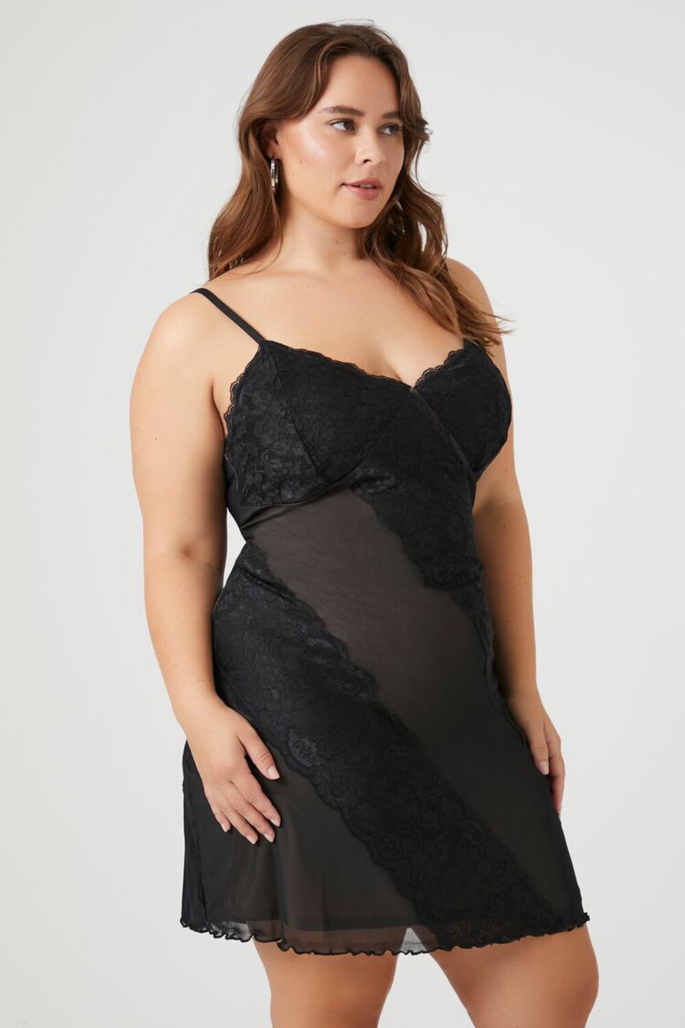 BLACK Plus Size Lace Mesh Slip Dress, image 3