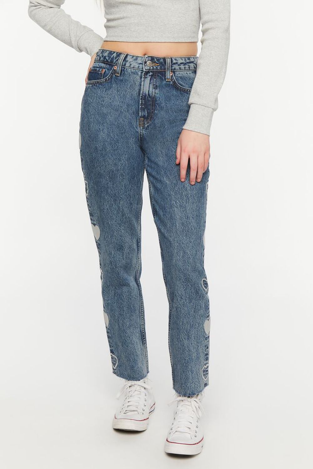 MEDIUM DENIM Heart Embroidered Straight-Leg Jeans, image 1
