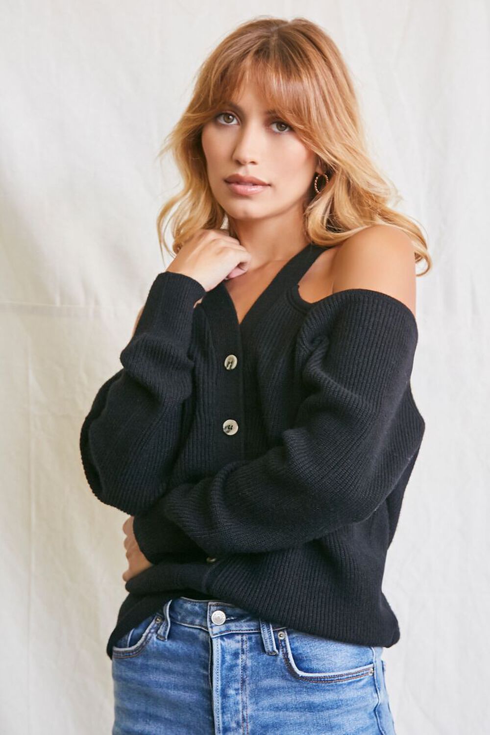 BLACK Open-Shoulder Buttoned Sweater, image 1