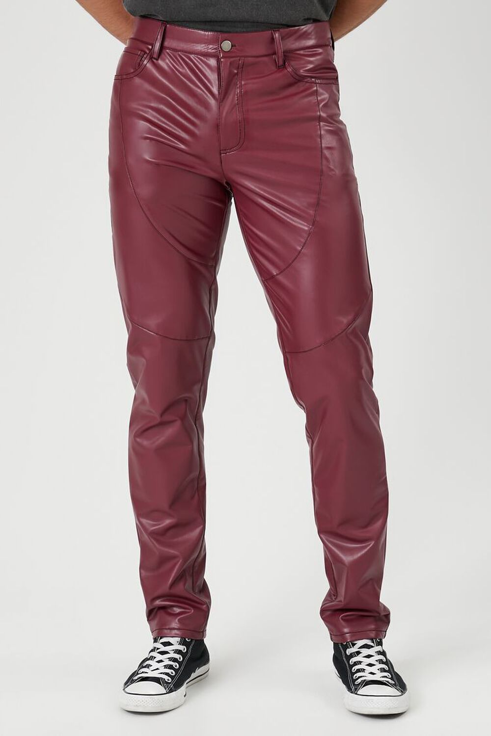BURGUNDY/BLACK Faux Leather Skinny Pants, image 2